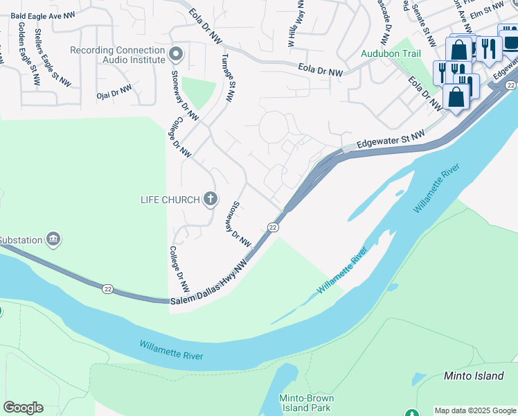 map of restaurants, bars, coffee shops, grocery stores, and more near 173 Rosewood Drive Northwest in Salem