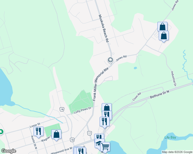 map of restaurants, bars, coffee shops, grocery stores, and more near 375 Muskoka Beach Road in Gravenhurst