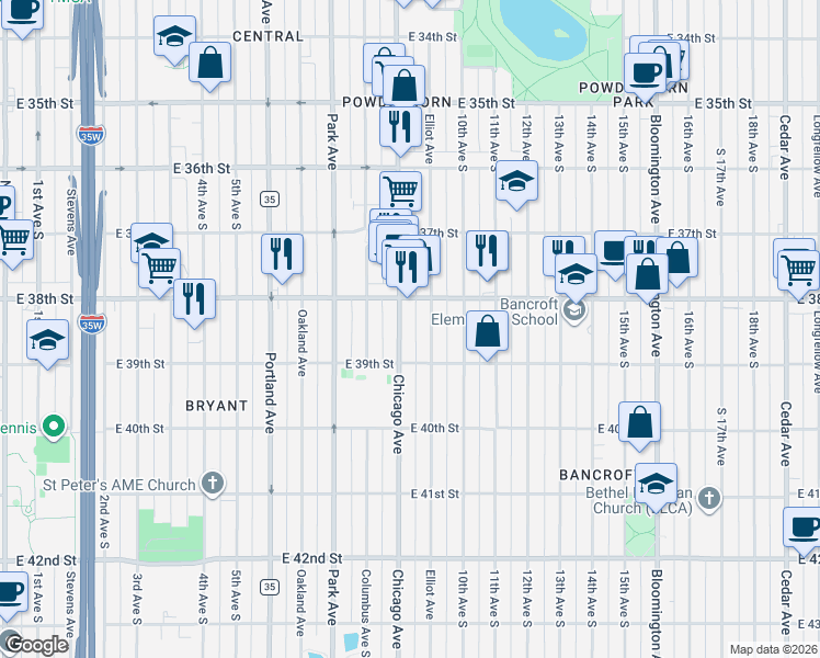 map of restaurants, bars, coffee shops, grocery stores, and more near 732 East 38th Street in Minneapolis