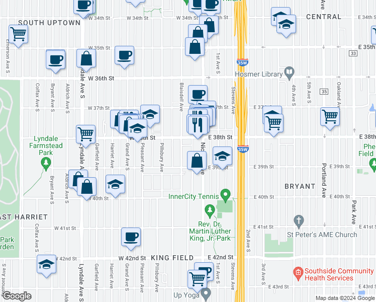 map of restaurants, bars, coffee shops, grocery stores, and more near 25 West 38th Street in Minneapolis