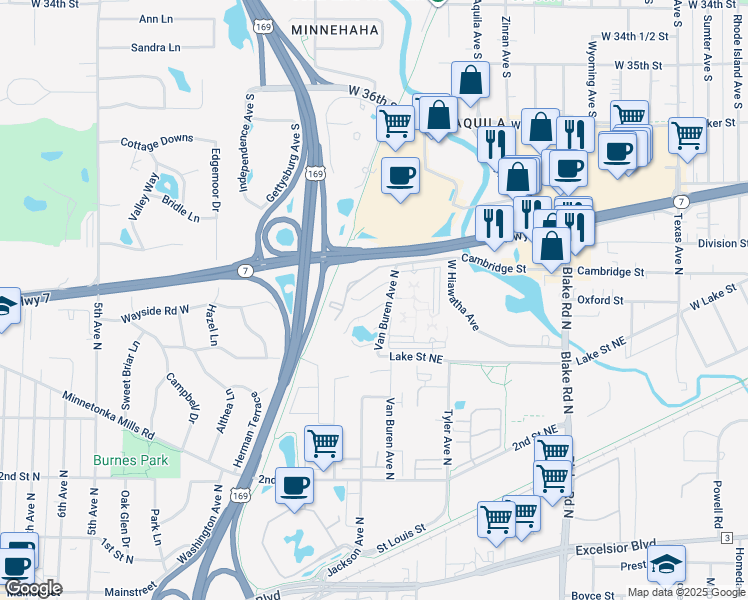 map of restaurants, bars, coffee shops, grocery stores, and more near 500 Minnesota 7 in Hopkins