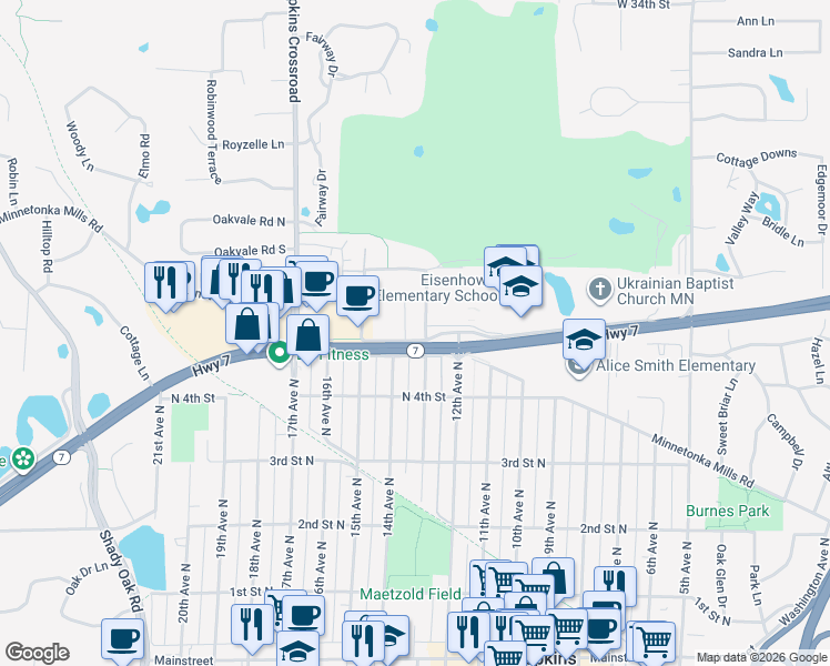 map of restaurants, bars, coffee shops, grocery stores, and more near 1301 Minnesota 7 in Hopkins
