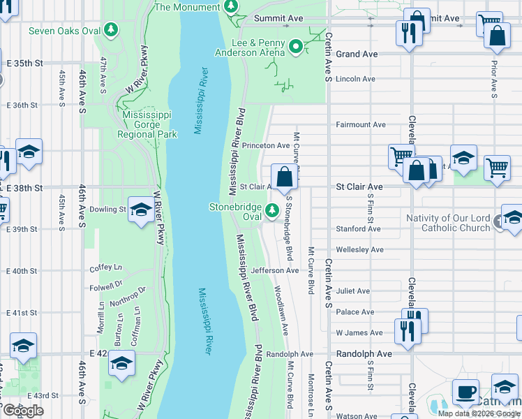 map of restaurants, bars, coffee shops, grocery stores, and more near 2276 Saint Clair Avenue in Saint Paul