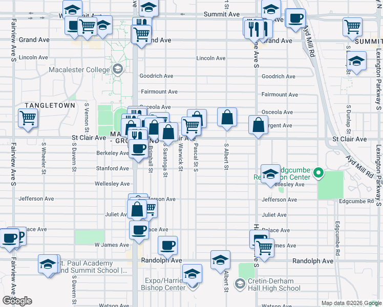 map of restaurants, bars, coffee shops, grocery stores, and more near 244 Pascal Street South in Saint Paul