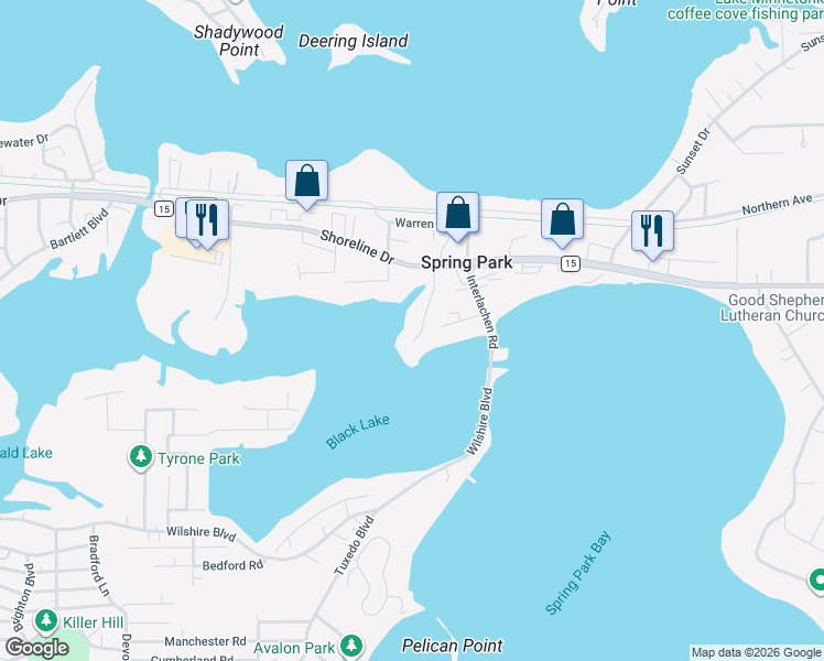 map of restaurants, bars, coffee shops, grocery stores, and more near 2429 Black Lake Road in Spring Park