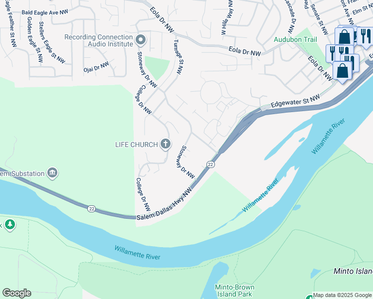 map of restaurants, bars, coffee shops, grocery stores, and more near 132 Stoneway Drive Northwest in Salem