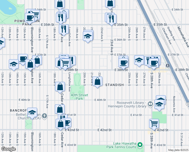 map of restaurants, bars, coffee shops, grocery stores, and more near 2109 East 38th Street in Minneapolis