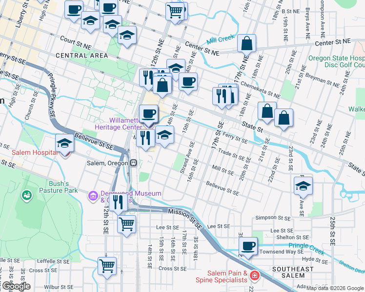 map of restaurants, bars, coffee shops, grocery stores, and more near 310 15th Street Southeast in Salem