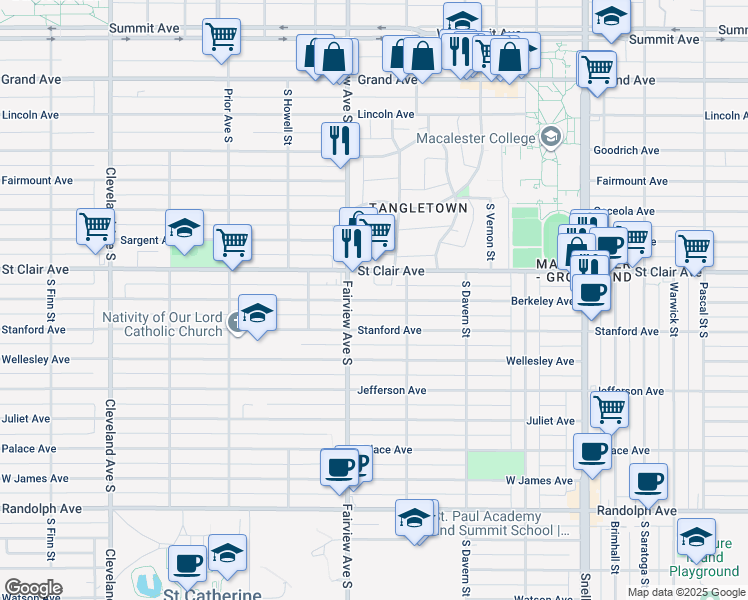 map of restaurants, bars, coffee shops, grocery stores, and more near 1776 Saint Clair Avenue in Saint Paul