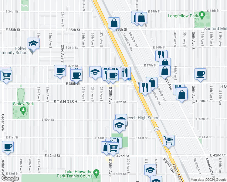 map of restaurants, bars, coffee shops, grocery stores, and more near 3800 29th Avenue South in Minneapolis