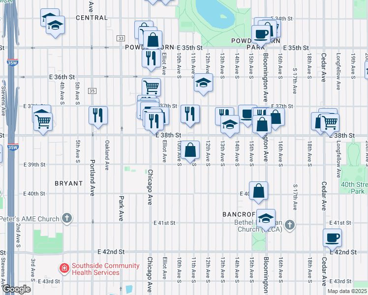 map of restaurants, bars, coffee shops, grocery stores, and more near 3801 10th Avenue South in Minneapolis