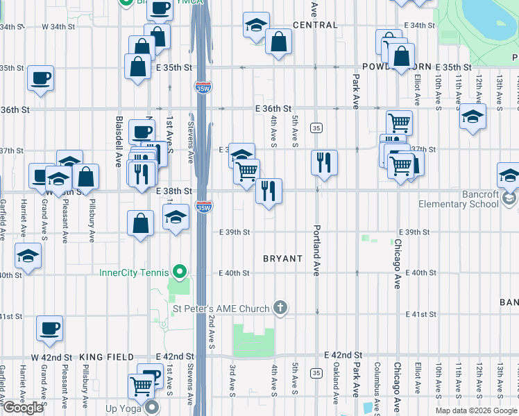 map of restaurants, bars, coffee shops, grocery stores, and more near 3800 Clinton Avenue in Minneapolis