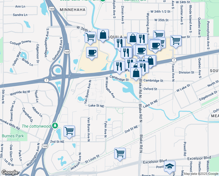 map of restaurants, bars, coffee shops, grocery stores, and more near 511 Hiawatha Avenue in Hopkins