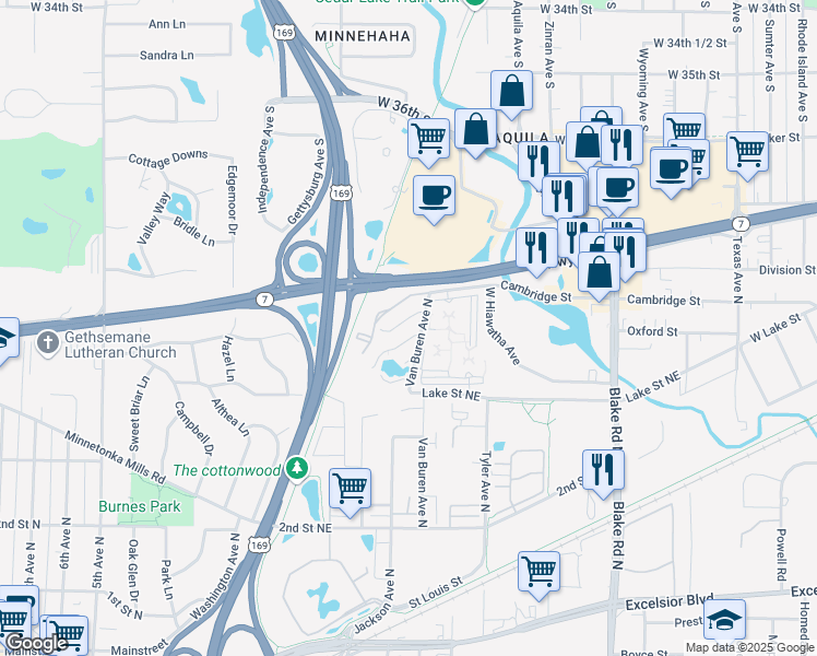 map of restaurants, bars, coffee shops, grocery stores, and more near 500 Minnesota 7 in Hopkins