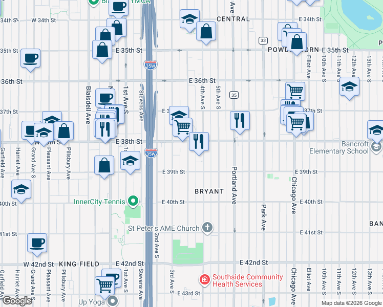 map of restaurants, bars, coffee shops, grocery stores, and more near 3800 Clinton Avenue in Minneapolis