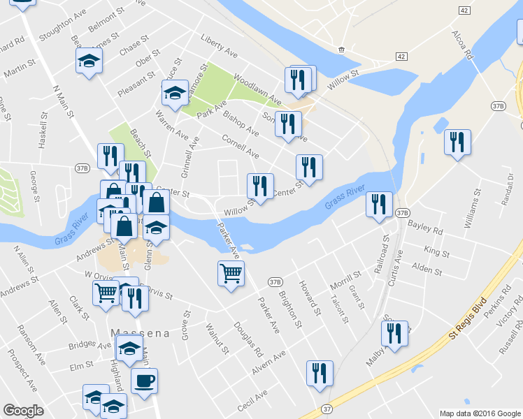 map of restaurants, bars, coffee shops, grocery stores, and more near 181 Center Street in Massena