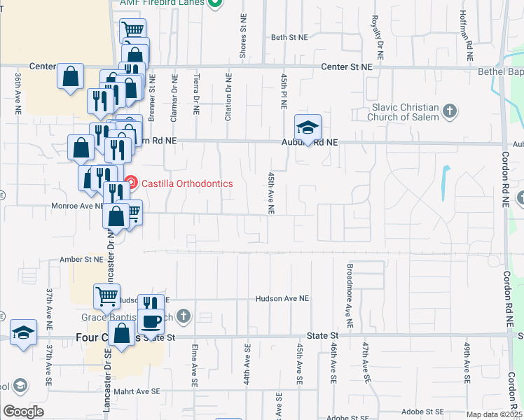 map of restaurants, bars, coffee shops, grocery stores, and more near 422 Chandelle Court Northeast in Salem