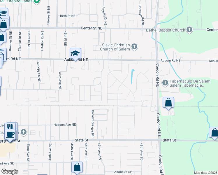 map of restaurants, bars, coffee shops, grocery stores, and more near 4810 Auburn Road Northeast in Salem