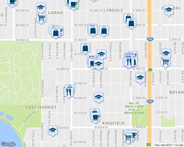 map of restaurants, bars, coffee shops, grocery stores, and more near 407 West 38th Street in Minneapolis