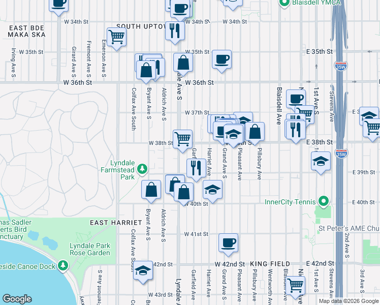 map of restaurants, bars, coffee shops, grocery stores, and more near 3801 Lyndale Avenue South in Minneapolis