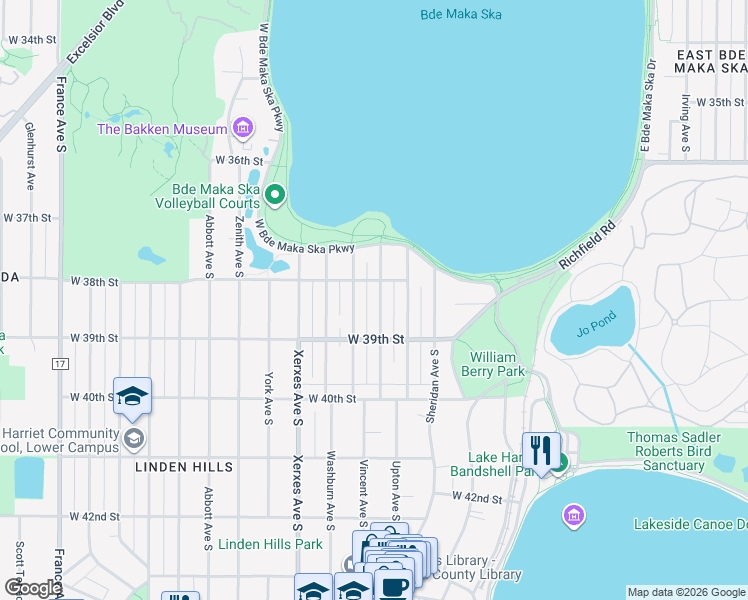 map of restaurants, bars, coffee shops, grocery stores, and more near 3801 Upton Avenue South in Minneapolis