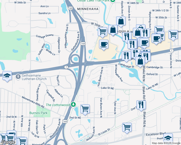 map of restaurants, bars, coffee shops, grocery stores, and more near 500 Minnesota 7 in Hopkins