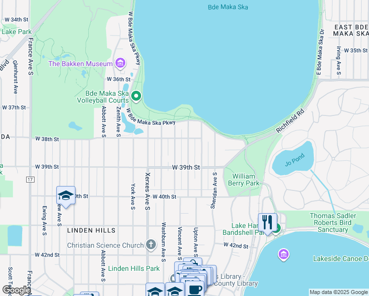 map of restaurants, bars, coffee shops, grocery stores, and more near 3814 Upton Avenue South in Minneapolis