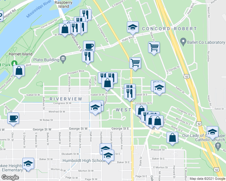 map of restaurants, bars, coffee shops, grocery stores, and more near 11 Cesar Chavez St in St Paul