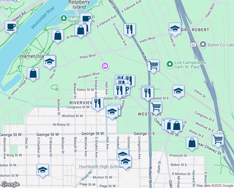 map of restaurants, bars, coffee shops, grocery stores, and more near in Saint Paul