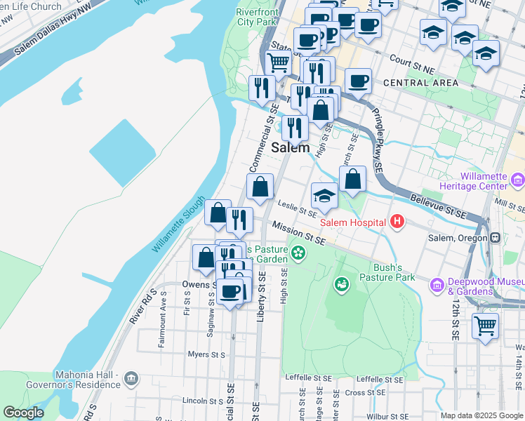 map of restaurants, bars, coffee shops, grocery stores, and more near 595 Liberty Street Southeast in Salem