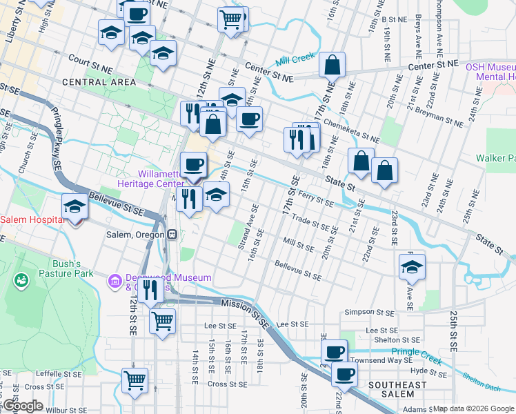 map of restaurants, bars, coffee shops, grocery stores, and more near 260 Strand Avenue Southeast in Salem
