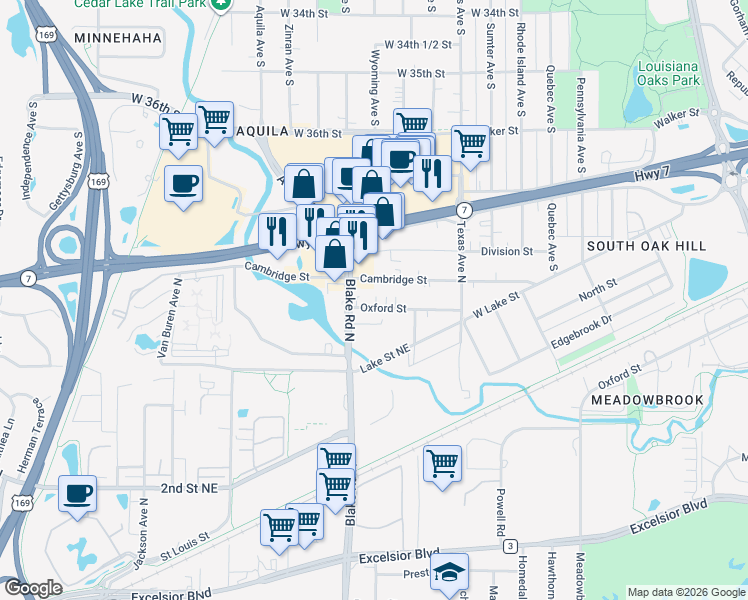 map of restaurants, bars, coffee shops, grocery stores, and more near 1220 Cambridge Street in Hopkins