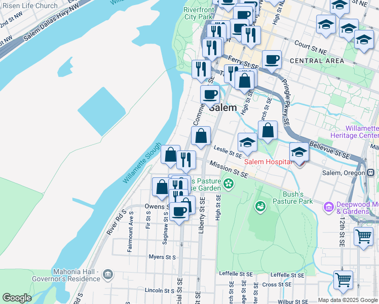map of restaurants, bars, coffee shops, grocery stores, and more near 740 Commercial Street Southeast in Salem
