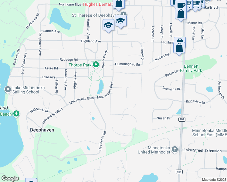 map of restaurants, bars, coffee shops, grocery stores, and more near 18400 Minnetonka Boulevard in Wayzata