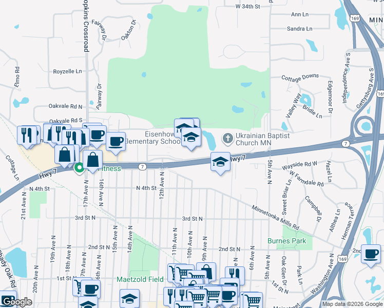 map of restaurants, bars, coffee shops, grocery stores, and more near 1001 Minnesota 7 in Hopkins