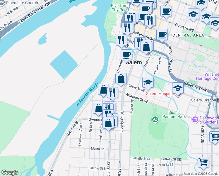 map of restaurants, bars, coffee shops, grocery stores, and more near 777 Commercial Street Southeast in Salem
