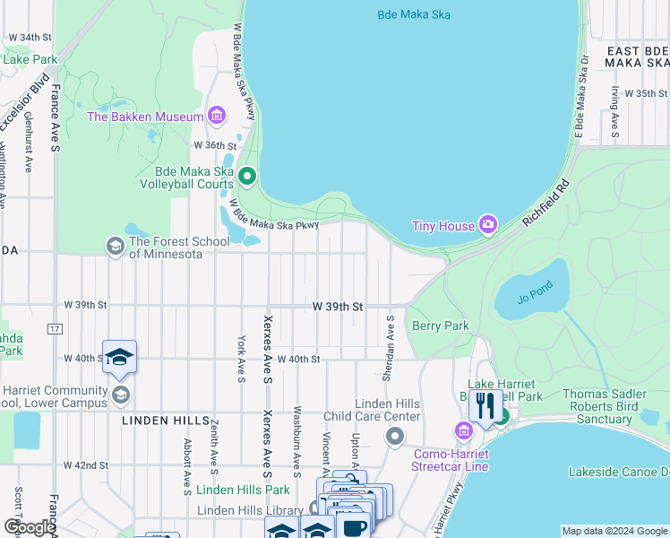 map of restaurants, bars, coffee shops, grocery stores, and more near 3812 Upton Avenue South in Minneapolis