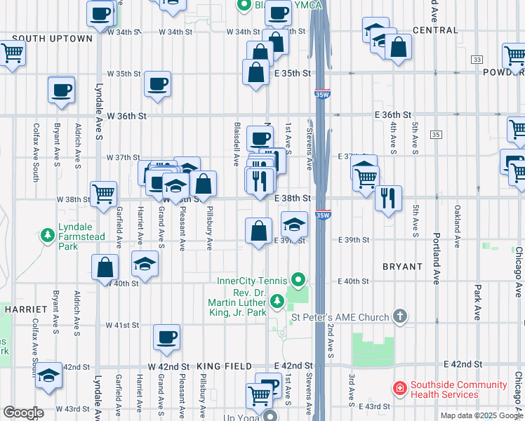 map of restaurants, bars, coffee shops, grocery stores, and more near in Minneapolis