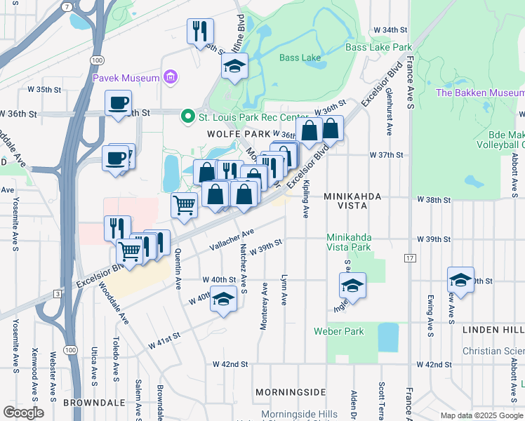map of restaurants, bars, coffee shops, grocery stores, and more near 4509 Excelsior Boulevard in Minneapolis