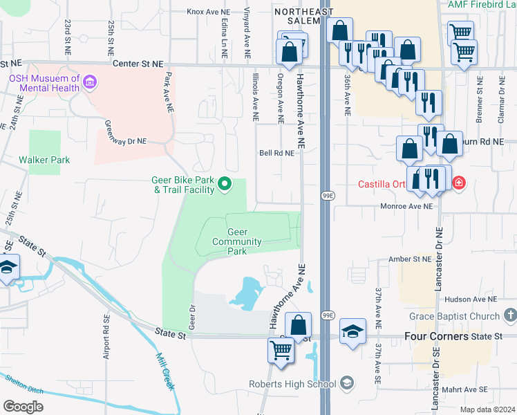 map of restaurants, bars, coffee shops, grocery stores, and more near 3232 Monroe Avenue Northeast in Salem