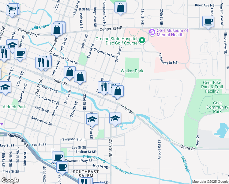 map of restaurants, bars, coffee shops, grocery stores, and more near 127 25th Street Northeast in Salem
