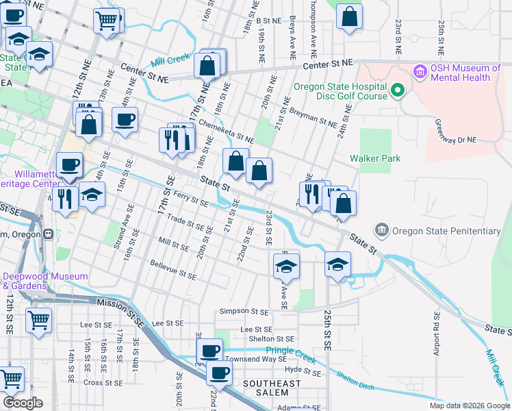 map of restaurants, bars, coffee shops, grocery stores, and more near 2211 State Street in Salem