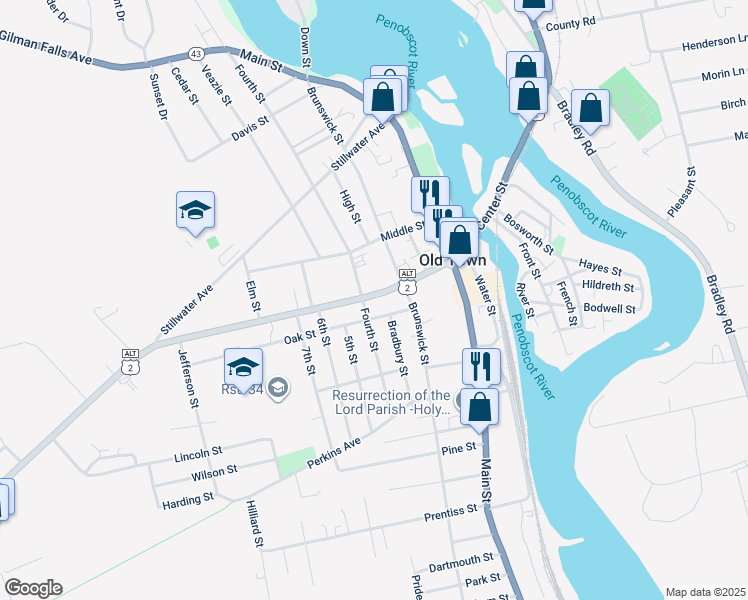 map of restaurants, bars, coffee shops, grocery stores, and more near 197 U.S. 2 Alternate in Old Town