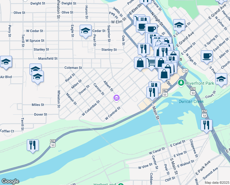 map of restaurants, bars, coffee shops, grocery stores, and more near 320 Superior Street in Chippewa Falls
