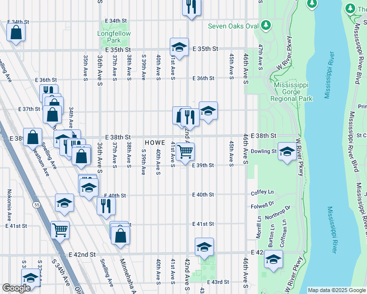 map of restaurants, bars, coffee shops, grocery stores, and more near 3808 42nd Avenue South in Minneapolis