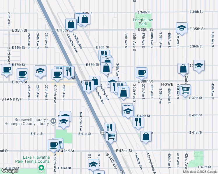 map of restaurants, bars, coffee shops, grocery stores, and more near 3801 Minnehaha Avenue in Minneapolis