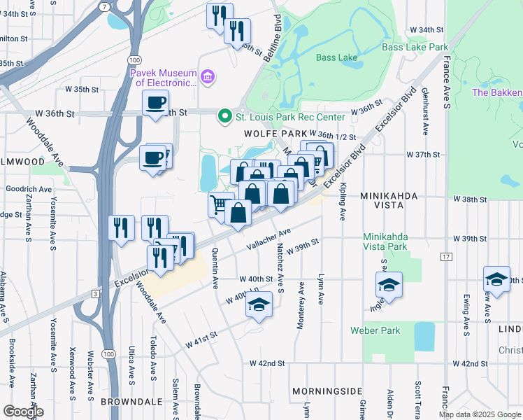 map of restaurants, bars, coffee shops, grocery stores, and more near 3820 Grand Way in St. Louis Park