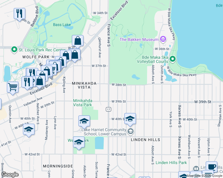 map of restaurants, bars, coffee shops, grocery stores, and more near 3809 France Avenue South in Minneapolis