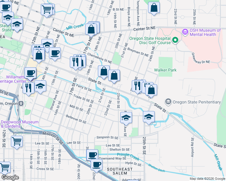 map of restaurants, bars, coffee shops, grocery stores, and more near 2211 State Street in Salem