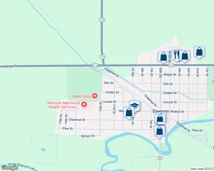 map of restaurants, bars, coffee shops, grocery stores, and more near 323 12th Street in Dawson
